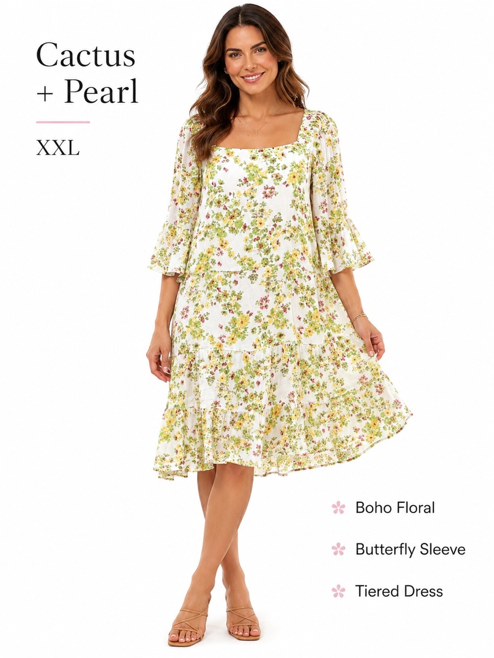 Cactus + Pearl XXL Boho Floral Tiered Midi Dress Butterfly Sleeves pink green